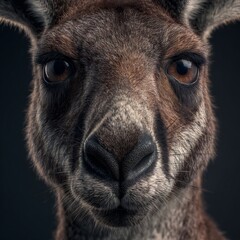 Hyper realistic close up of kangaroo face with lifelike fur strong jawline and expressive eyes in wildlife portrait