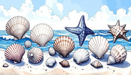 Seashells on a beach scene