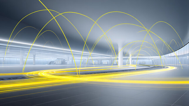 Futuristic interior with glowing yellow light trails and curved architectural lines