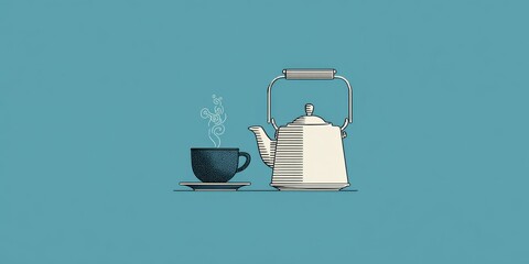 Minimalistic line art of teapot and steaming cup evokes calm tea or coffee moments, ideal for modern kitchen, café, or wellness branding