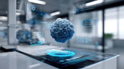 futuristic interface showing 3d model of nanoparticles, blue tones, floating HUD elements, lab setting