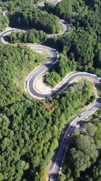 Aerial view of winding asphalt mountain road among green trees in summer. (Domani&ccedil;,İneg&ouml;l dağ yolu)