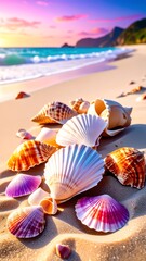 Seashells on a golden beach at sunrise