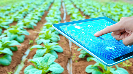 A hand uses a tablet with digital interface over a field of green crops, illustrating smart agriculture technology.