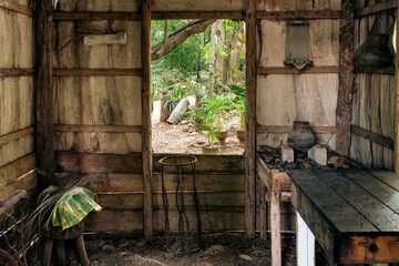 Rustic doorway with a view into a lush green garden and natural light streaming.