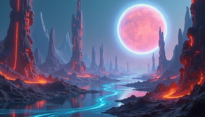 Alien Landscape Under Glowing Moon