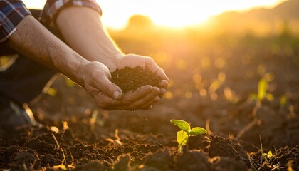 Hands full of soil in a field at sunset