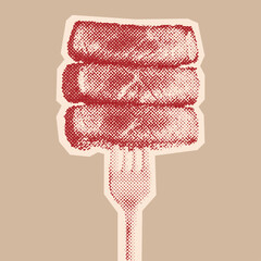 three slices of medium-rare steak on a fork, retro stipple effect, vintage photocopy illustration