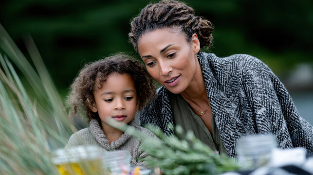 A nurturing scene of a mother and child enjoying a meal together outside, capturing the connection and warmth shared during intimate family moments in nature.