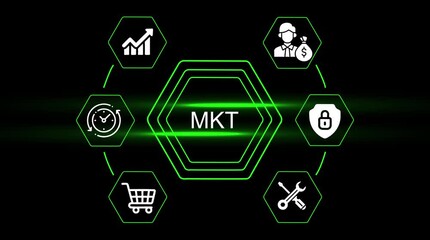 Business growth strategy financial security time management shopping cart and tools concept infographic animation with neon green lines on black background - Powered by Adobe