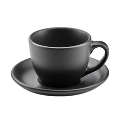 A matte black teacup and saucer, isolated on a transparent background. background removed