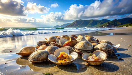 Seashells on a sandy beach at sunrise (1)