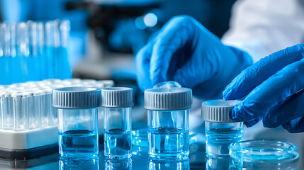 Scientist handling test tubes with blue liquid in a laboratory setting
