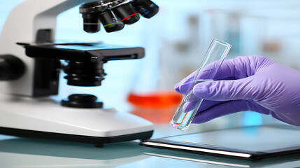 Scientist examining a test tube in a laboratory setting with a microscope and digital tablet nearby