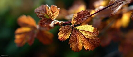 Fototapeta premium Golden Autumn Leaves illuminated by sunlight in a closeup shot, showcasing the intricate details and textures of fall foliage in nature