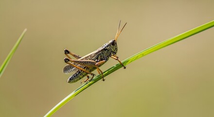 Closeup of a grasshopper perched on a blade of grass in nature