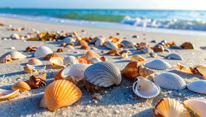 Seashells on a sandy beach at sunrise