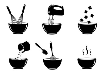 Mixing Bowls with Kitchen Utensils Silhouette Icons for Cooking and Baking Design