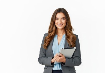 Smiling businesswoman holding a tablet computer and looking at the camera, isolated on white background