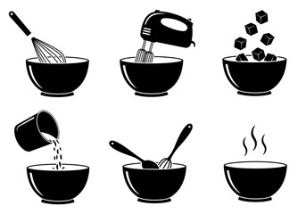 Mixing Bowls with Kitchen Utensils Silhouette Icons for Cooking and Baking Design