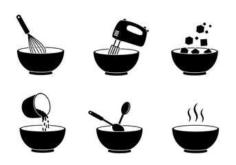 Mixing Bowls with Kitchen Utensils Silhouette Icons for Cooking and Baking Design
