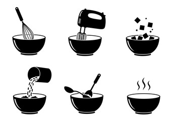 Mixing Bowls with Kitchen Utensils Silhouette Icons for Cooking and Baking Design