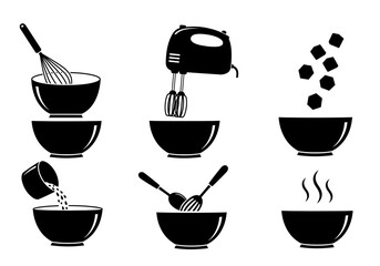 Mixing Bowls with Kitchen Utensils Silhouette Icons for Cooking and Baking Design