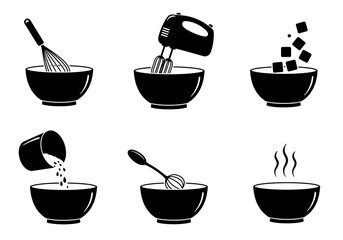 Mixing Bowls with Kitchen Utensils Silhouette Icons for Cooking and Baking Design
