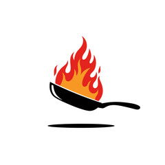 Frying Pan with Flames Cooking Icon for Restaurant and Culinary Design
