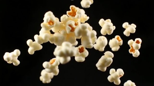 Popcorn flies up and falls down. On a black background. Filmed on a high-speed camera at 1000 fps. High quality FullHD footage