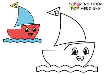 Cartoon boats for coloring book showing happy expressions and waves  