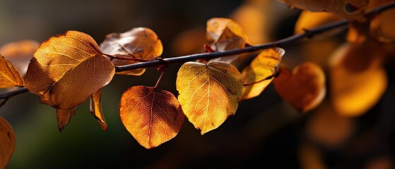 Golden apricot leaves on a branch in warm sunlight during autumn season, showcasing vibrant fall colors and natural beauty in a closeup view