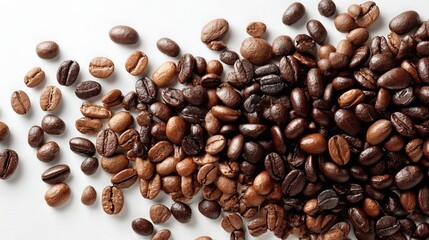 Naklejka premium Diverse assortment of coffee beans scattered on a plain white backdrop. 