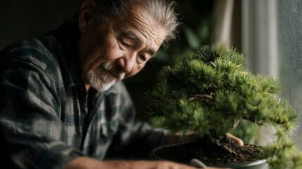 An elderly man carefully tends a bonsai tree near a window bathed in soft light embodying peace and mindful gardening