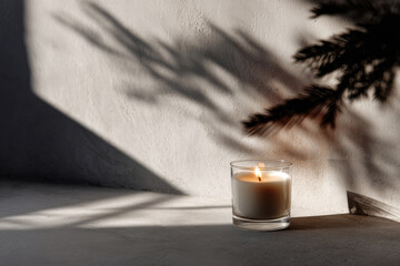 solitary candle glows softly against clean white wall casting gentle shadows of pine branches