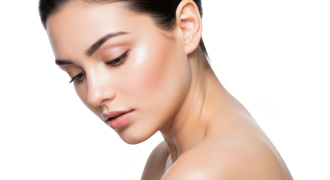 A woman with flawless skin and subtle makeup looks down with a serene expression isolated on transparent background