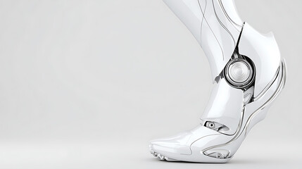 Close-up of a futuristic robotic foot with metallic design and mechanical joint