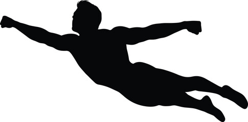Silhouette superhero flying with arms extended, dynamic airborne pose, black vector illustration for action, fantasy, comic, and hero themes