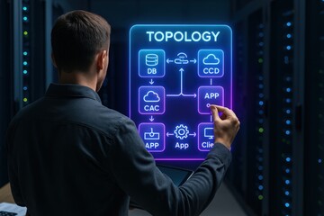 Data management strategies and topology visualization in modern data centers digital environment infographic technology overview