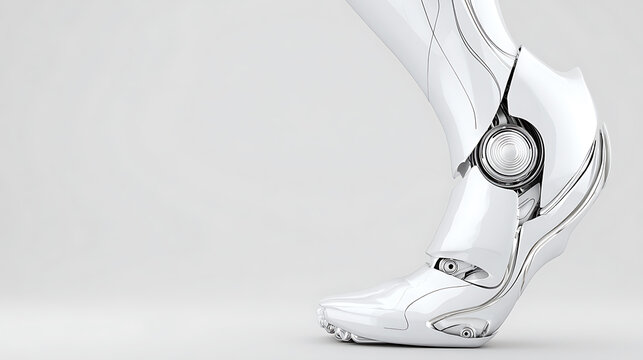 Close-up of a futuristic robotic foot with metallic design and mechanical joint