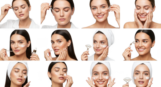 A collage of a woman performing various skincare routines with serums and facial rollers isolated on transparent background