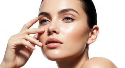 A woman gently touches her face with her fingers, showcasing radiant skin, isolated on transparent background