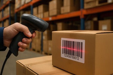Close-up of barcode scanning on package in warehouse
