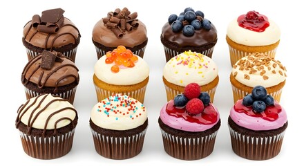 Cupcakes assortment with different toppings (chocolate, vanilla, berry)