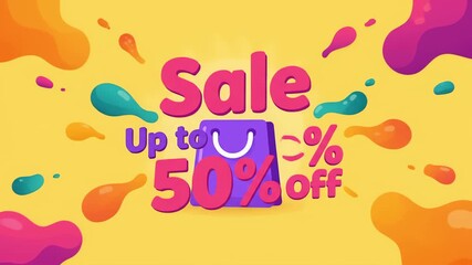Cartoon animation promoting a sale up to 50 percent off with a shopping bag and colorful abstract liquid shapes on a yellow background
- Powered by Adobe