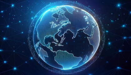 a glowing 3d earth with continents outlined against a dark blue space background this image represents global communication and connection low poly wireframe