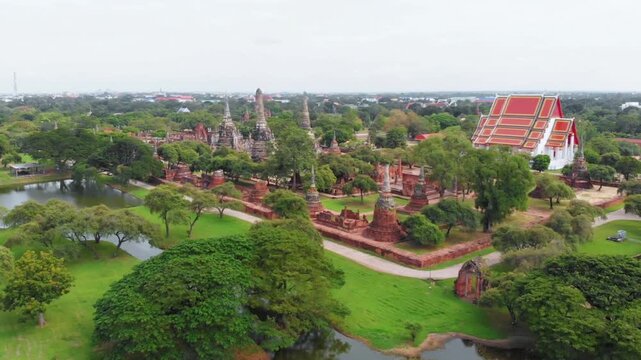 Picturesque view of ayutthaya historical park with temples and lakes