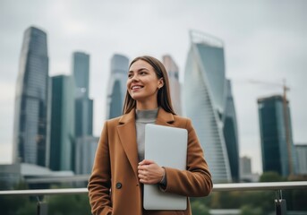 Fototapeta premium A smiling businesswoman holding a laptop in front of modern skyscrapers, embodying success and urban professionalism