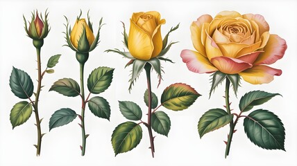 Obraz premium A collection of yellow roses in various stages of bloom, isolated on white background