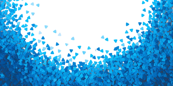 Blue Triangular Confetti Scattered with a Curved Empty Space triangle falling Cutout PNG isolated on a transparent background